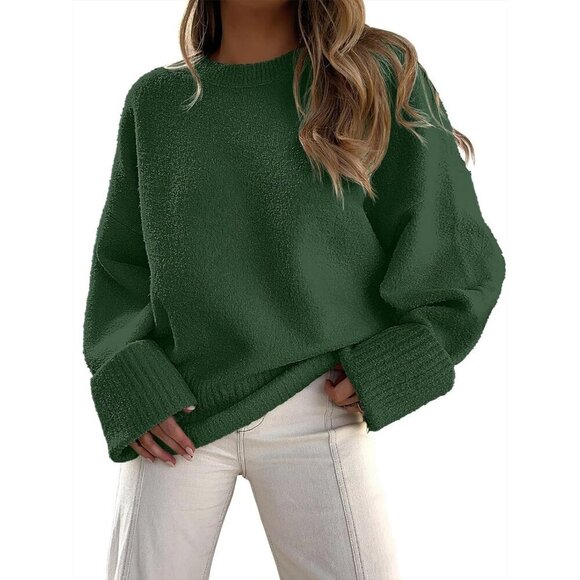 Sweaters - Women's Army Green Oversized Long Sleeve Casual Fuzzy Knit Sweaters